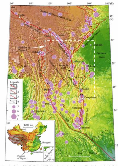 A map of major active faults and the distribution of magnitude 6-plus earthquakes in southwestern China in the period of 1480 to 2007. [Click on map to go to page excerpt from this Science China Earth Sciences article].