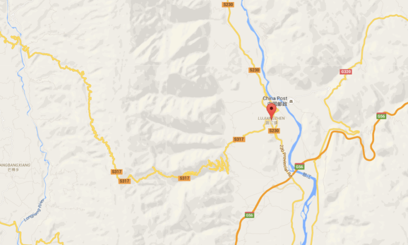 Map 1: The Lujiangba Township, of which Xinzhai Village is a part, is located between the Salween River and Gaoligongshan Mountain. See the zigzag mountain road to the west that runs through Gaoligong. (Google Map)