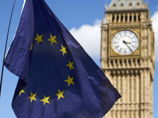 A European flag is flown in front of The Elizabeth Tower which houses the "Big Ben" bell in the Palace of Westminster. NIKLAS HALLE'N/AFP/Getty Images.